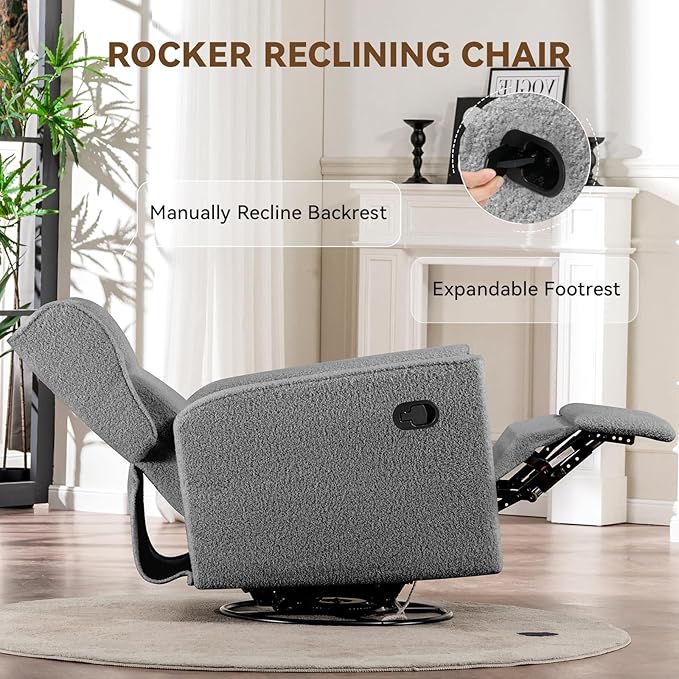 COMHOMA Nursery Rocking Chair Teddy Upholstered Swivel Rocker Recliner Manual - Image 4