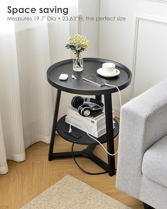 Round End Table with Charging Station, 19.7" Dia x 23.63" H, Side Table with - Image 4