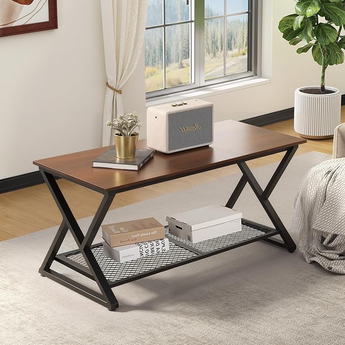 SENIG Coffee Table with Storage Shelf, Industrial Metal Wood Living Room Tables - Image 2