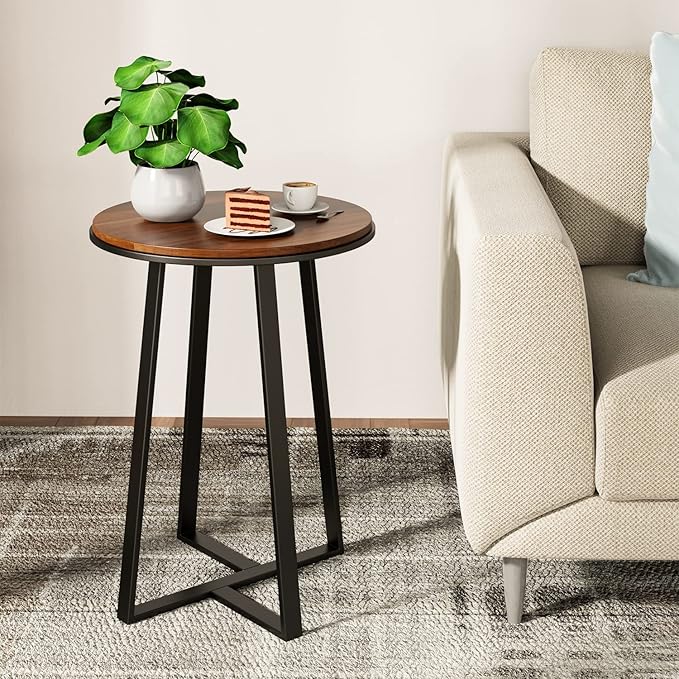 Round End Tables, Small Side Table Walnut Color MDF Top, Metal Frame Black - Image 9