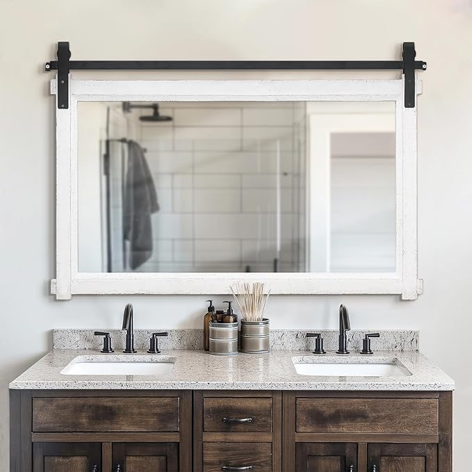 Bathroom Barn Door Mirror: 42"x28" White Farmhouse Wood Frame - Image 2