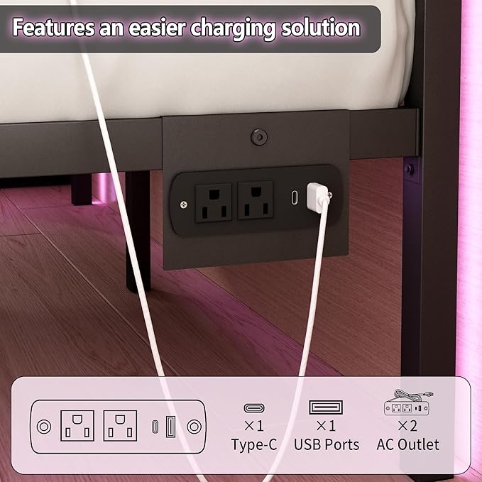 Full Size Bed Frame with Headboard, Heavy Duty LED Bed Frame with USB Charging - Image 4