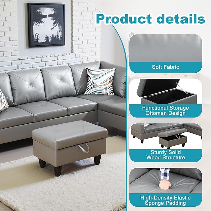 Couches for Living Room Faux Leather L Shaped Couch Comfy 3 Pieces Sectional - Image 5