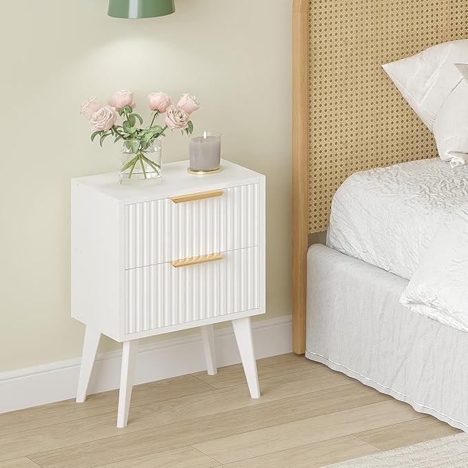 Fluted Nightstand with 2 Drawers, Modern Bedside Table with Metal Handles - Image 2