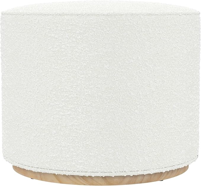 Bouclé Ottoman with Wooden Base – 22” Round Upholstered Footrest, Cream by Spatial+Order