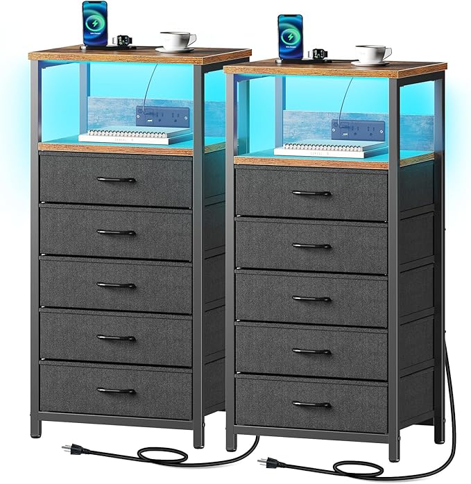 Seventable Night Stand with Charging Station, Tall Nightstand with 5 Fabric by Seventable