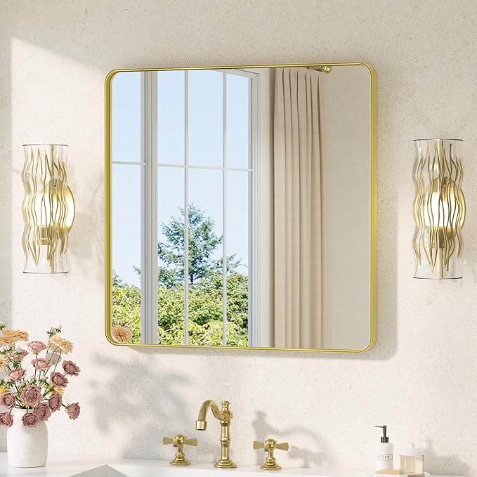 TETOTE Brushed Gold Bathroom Mirror 30 x 30 Gold Metal Framed Bathroom Mirror by TETOTE