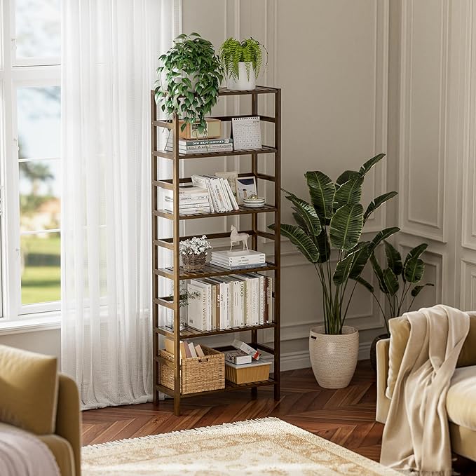 HITNET Bookcase, Bamboo Bookshelf, 6-Tier Adjustable Tall Open Book Shelf - Image 2