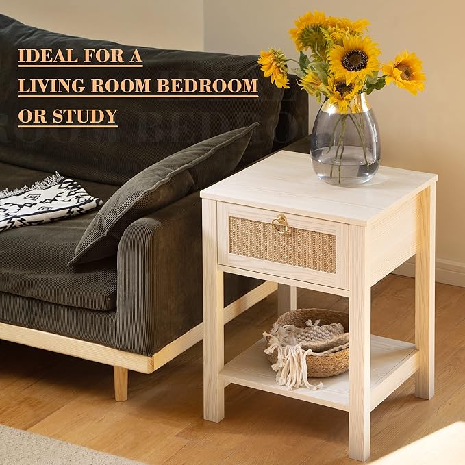 SICOTAS White Nightstand Set of 2, Rattan Decor Drawer - Image 7