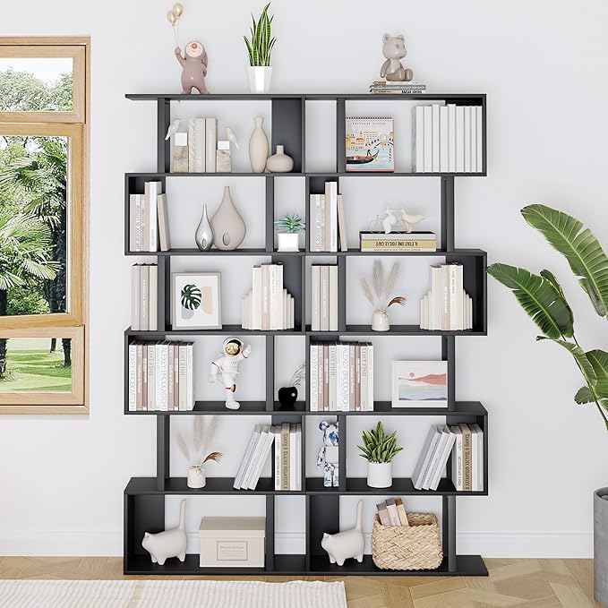 Yusong S Shaped Bookshelf, Modern Geometric Bookcase, 6-Tier Black Display Case - Image 8