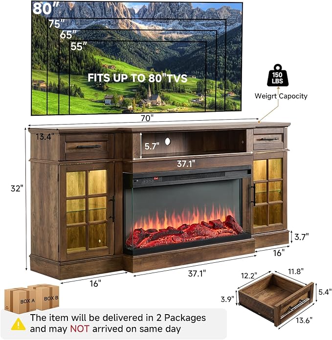 ROCKPOINT 3 Sided Glass 70" Fireplace TV Stand - Image 2