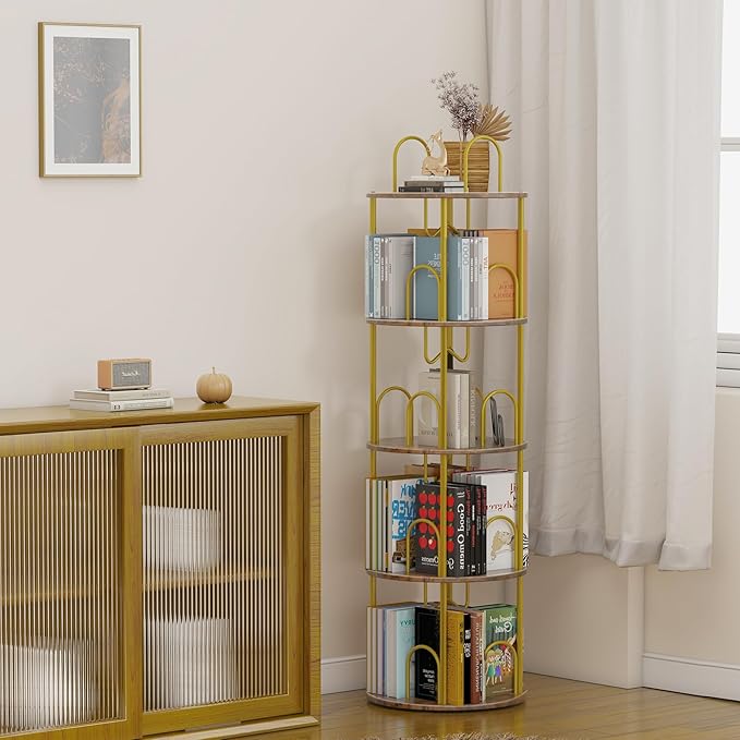4 Tier Rotating Bookshelf, 360° Spinning Bookshelf Tower, Round Narrow Space - Image 7