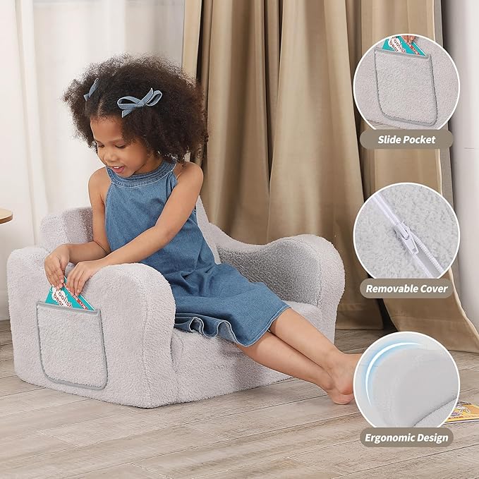 Comfy Toddler Chair, 2-in-1 Toddler Couch Fold Out, Convertible Sherpa Sofa to - Image 4
