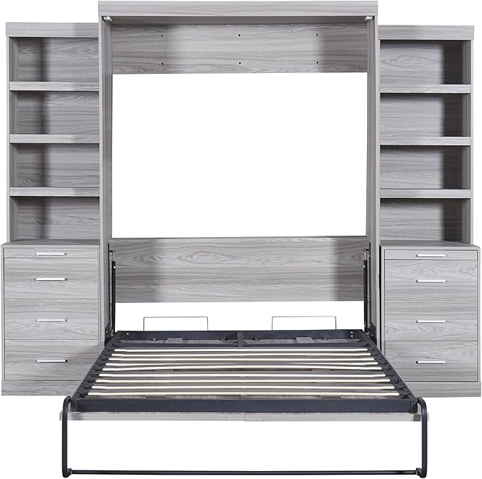 Full Size Murphy Bed with Storage Shelves and Drawers, Easy Fold Wood Wall Bed - Image 4