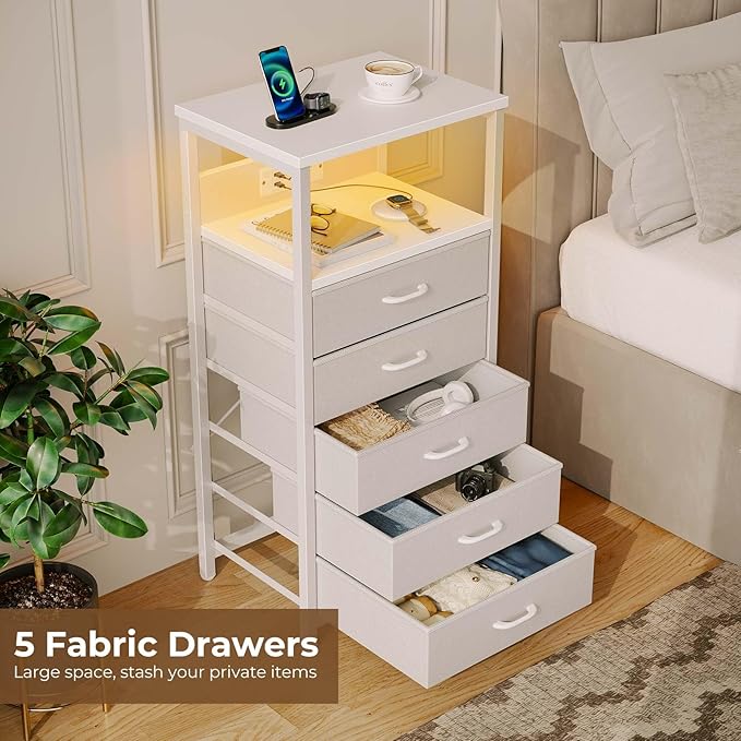 Seventable Night Stand with Charging Station, Tall Nightstand with 5 Fabric - Image 5