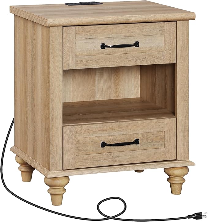 WAMPAT Oak Night Stand with 2 Drawers, Wooden Sofa Side Table with Charging - Image 9