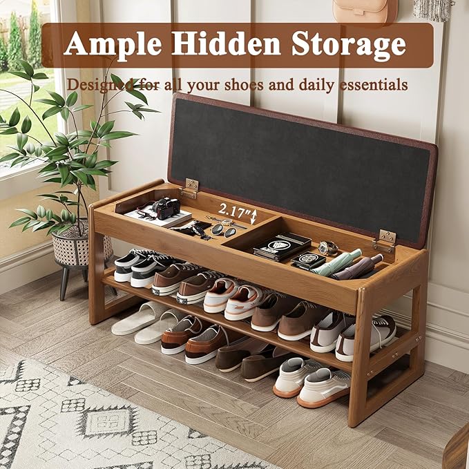 Shoe Rack Bench Seat Rubberwood 2-Tier Wooden Storage Bench 550lbs Compact - Image 3