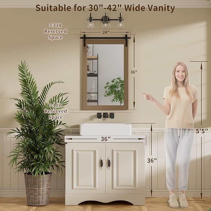 Farmhouse Wall Mirror, Rustic Wood Frame Bathroom Mirror Barn Door Inspired - Image 4