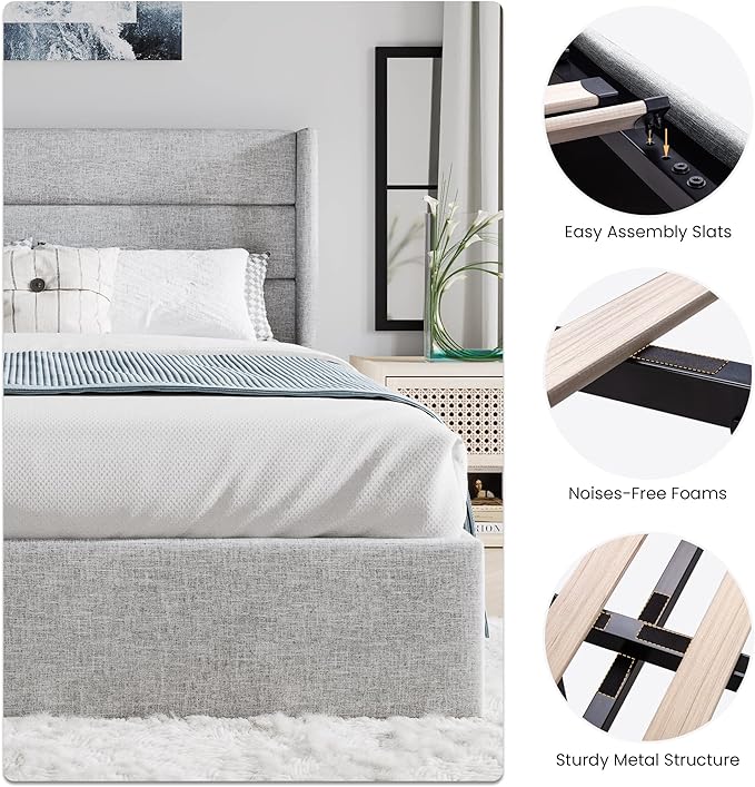 SHA CERLIN Queen Size Lift Up Storage Bed/Modern Wingback Headboard/Upholstered - Image 4