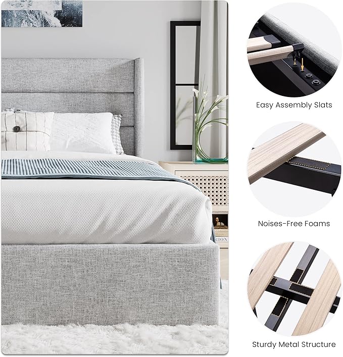 SHA CERLIN King Size Lift Up Storage Bed/Modern Wingback Headboard/Upholstered - Image 4