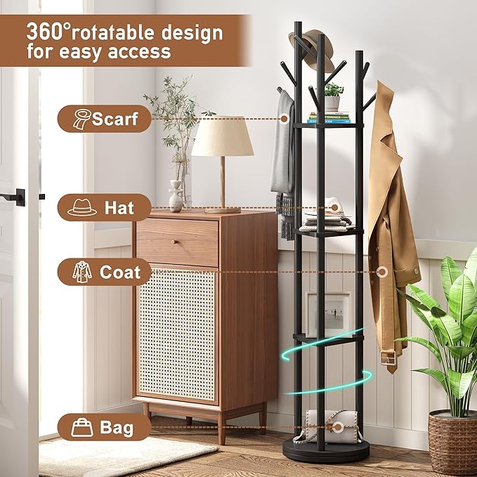 FILWH Bamboo Coat Rack Rotary Freestanding - Image 2