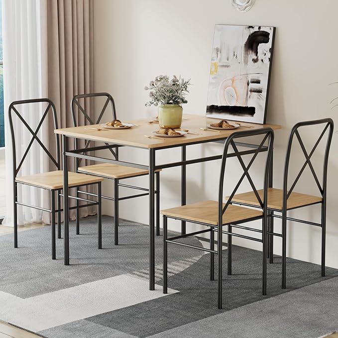 VECELO 5-Piece Kitchen Dining Table Set, Wood Tabletop & Heavy-Duty Metel Frame - Image 2