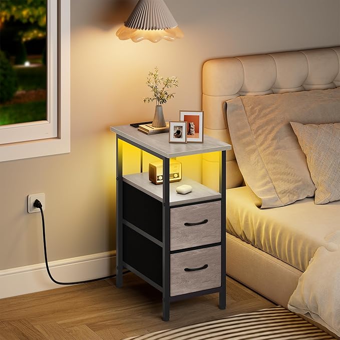 Vagusicc Nightstand with Charging Station and LED Lights, Narrow Side Table - Image 2