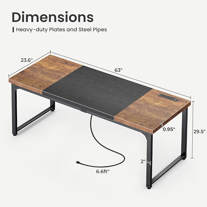 Huuger 63 x 24 inch Desk with Power Outlets & USB-C, Deeper & Thicker Desktop - Image 3