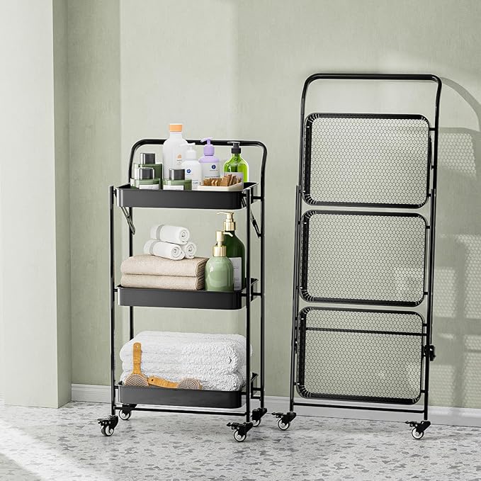 JAQ Foldable Rolling Cart, 3-Tier Metal Folding Storage Utility Carts Basket by JAQ-BuyNow