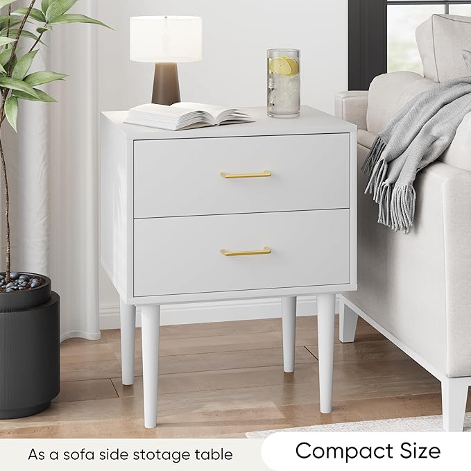 White Nightstand with 2 Drawers, Mid-Century Modern End Table, Wood Night Stand - Image 5