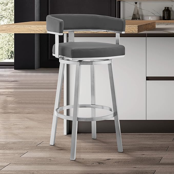 Armen Living Lorin Modern 26" Seat Height Gray Faux Leather and Brushed - Image 2