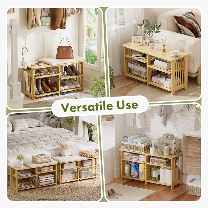 Amazer Bamboo Shoe Rack Bench, 3-Tier Shoe Bench Height Adjustable, Entry Bench - Image 8