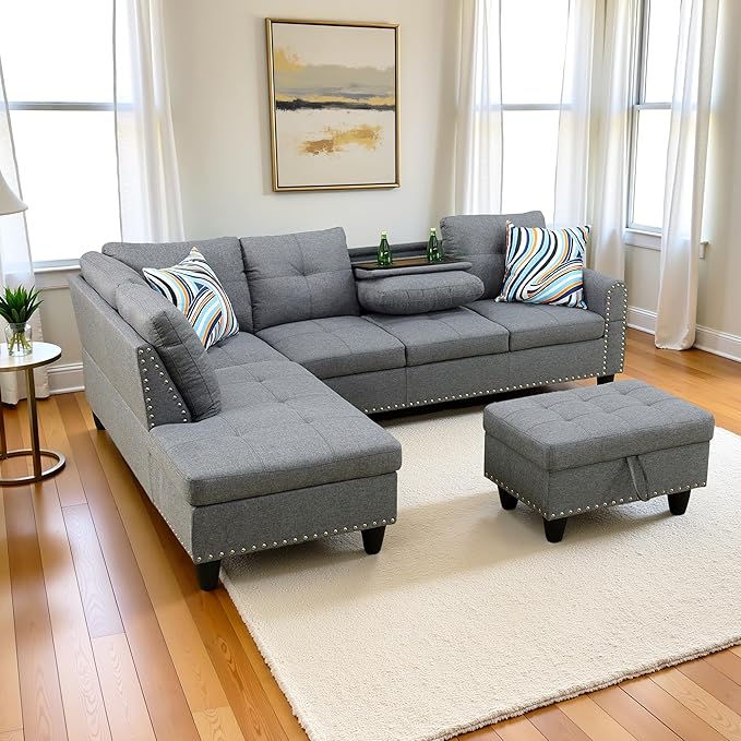 L Shaped Couch Modern Sectional Couch Upholstered Linen Fabric 3 Pieces Sofas - Image 4