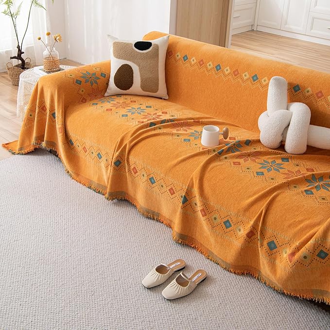 STACYPIK Soft Orange Sofa Cover, Boho Chenille Couch Cover - Image 3