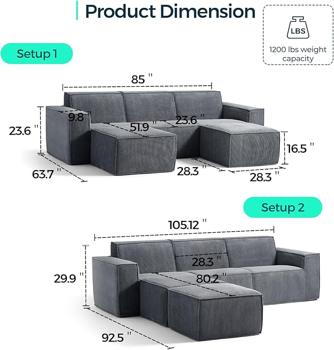 LINSY HOME Modular Sectional Sofa, Corduroy Sectional Cloud Couches - Image 2