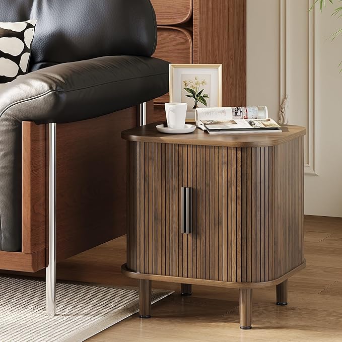 Fluted End Table with Sliding Tambour Door, Mid-Century Modern Bedside Table by Espelism