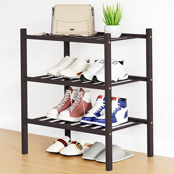 Smiry Shoe Rack, 3 Tier Small Bamboo Shoe Organizer, Stackable Free Standing by Smiry