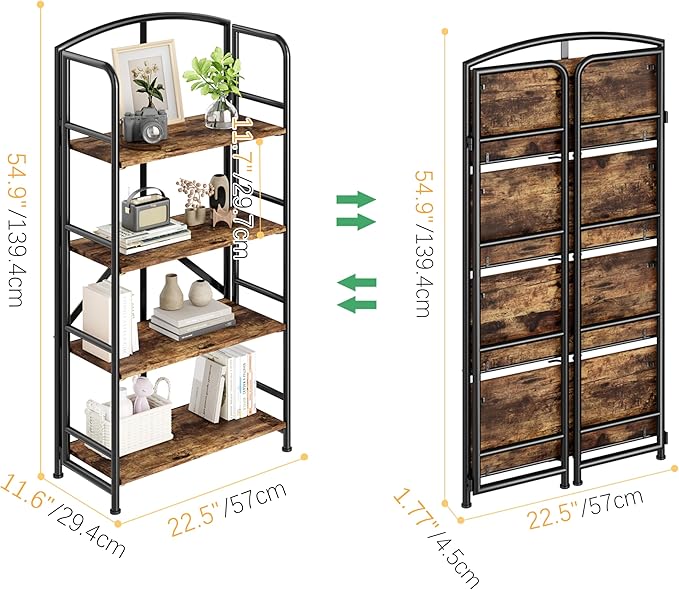 No-Assembly Folding Bookshelf Storage Shelves 4 Tiers Vintage Multifunctional - Image 3