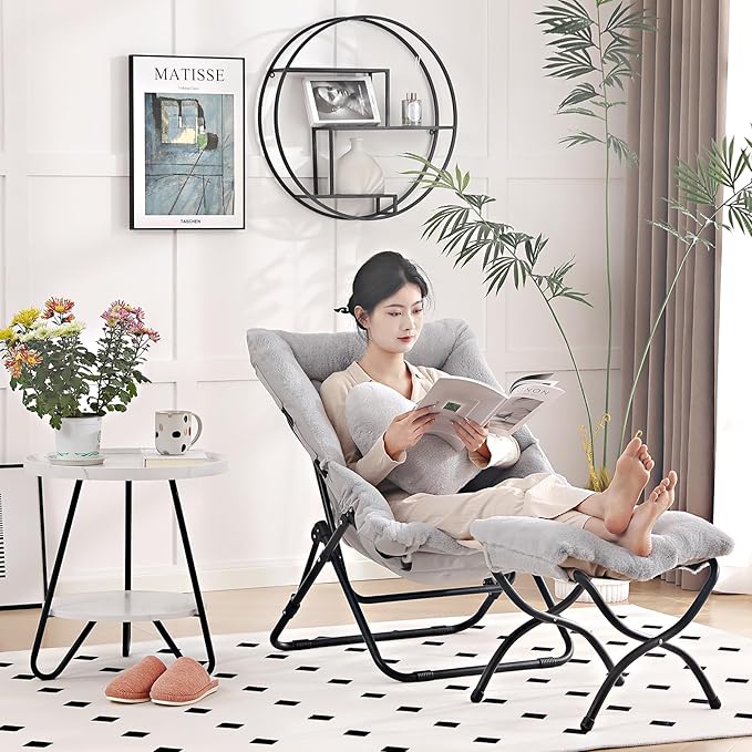 Comfy Saucer Chair with Ottoman, Oversized Folding Faux Fur Chair Soft Furry - Image 3