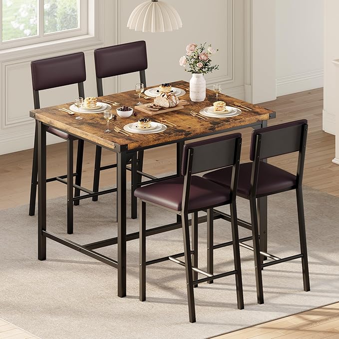 IDEALHOUSE Dining Table Set for 4 w/Counter Height Table & 4 Upholstered Bar by IDEALHOUSE