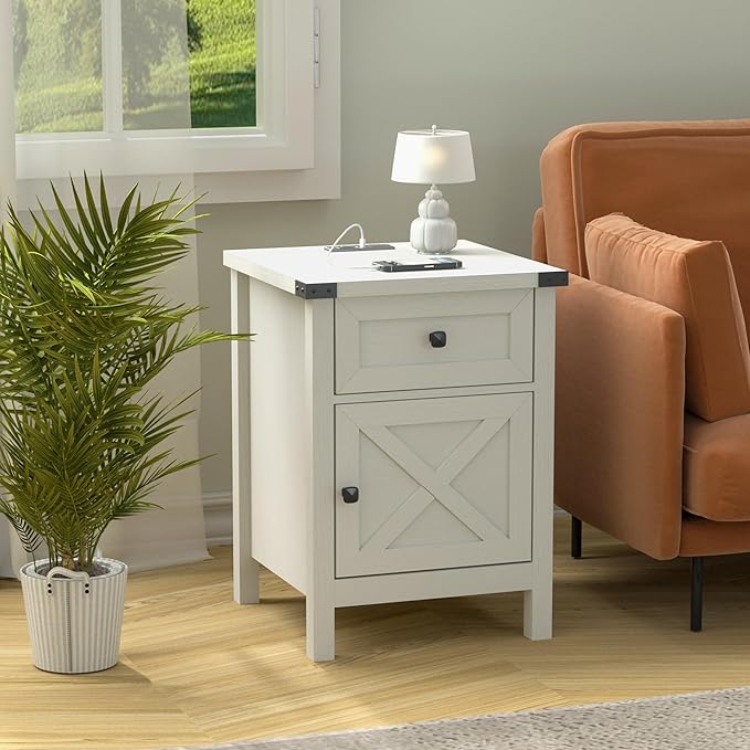 Farmhouse Nightstand with Charging Station, Rustic End Table with Barn Door and - Image 3