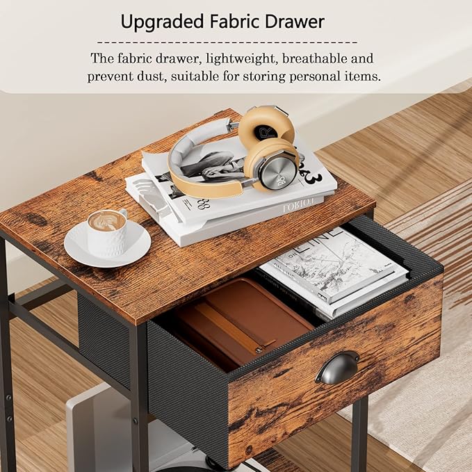 Furologee End Table with Storage Shelf and Fabric Drawer, 2 Tiers Industrial - Image 5