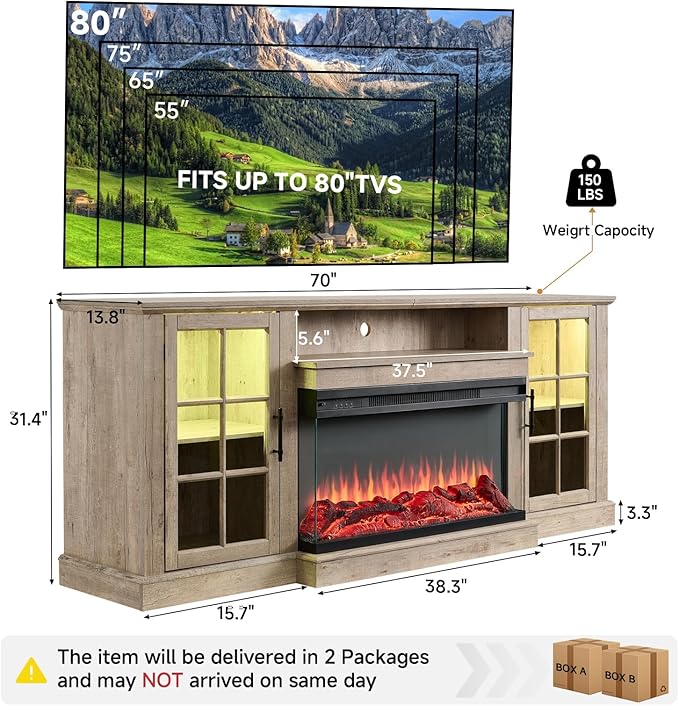 ROCKPOINT 3 Sided Glass 70" Fireplace TV Stand - Image 2