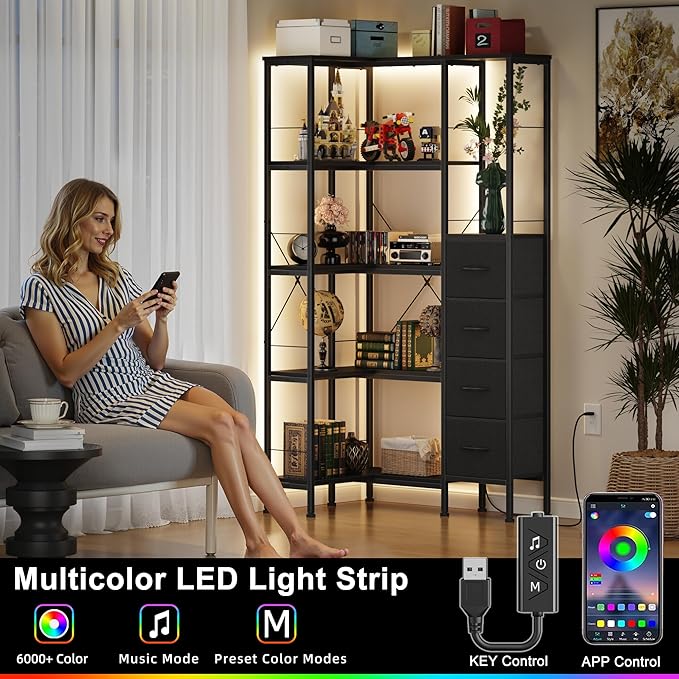 Corner Bookshelf with LED Light Strips & 4 Fabric Drawers, 5-Tier Convertible - Image 3