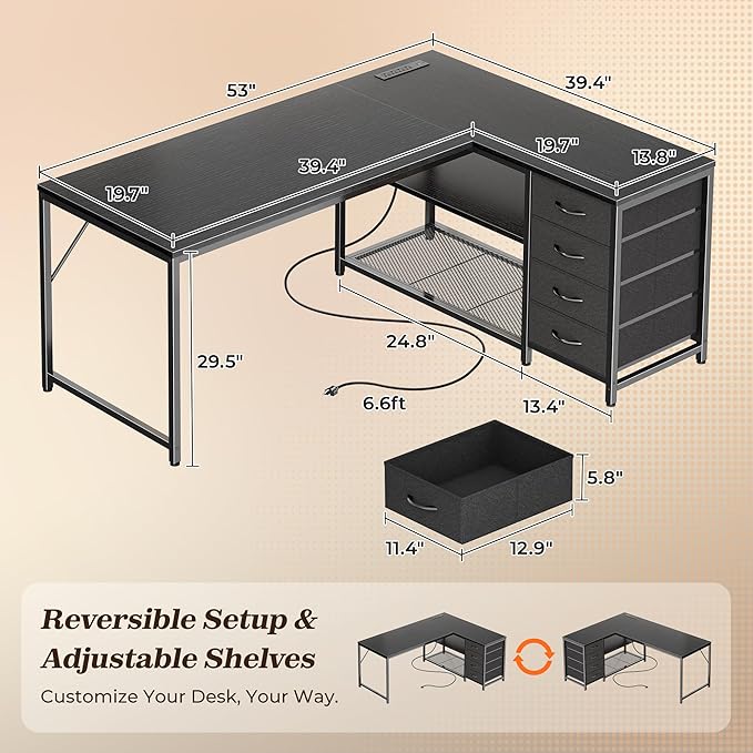 PRAISUN 53" L Shaped Desk with Power Outlets and USB-C Port, Reversible - Image 2