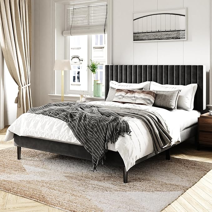 Full Size Bed Frame with Velvet Upholstered Headboard, Platform Bed with Strong - Image 3
