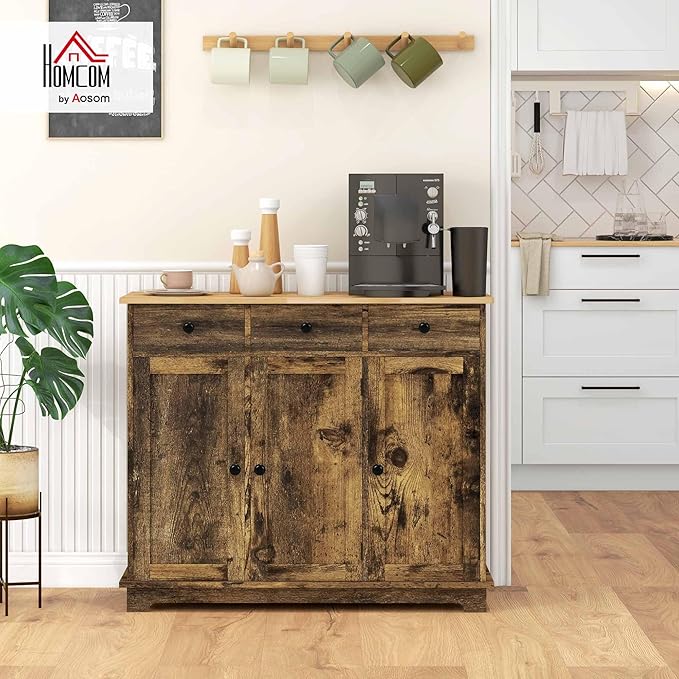HOMCOM Sideboard with Solid Wood Countertop, Modern Kitchen Storage Cabinet - Image 2