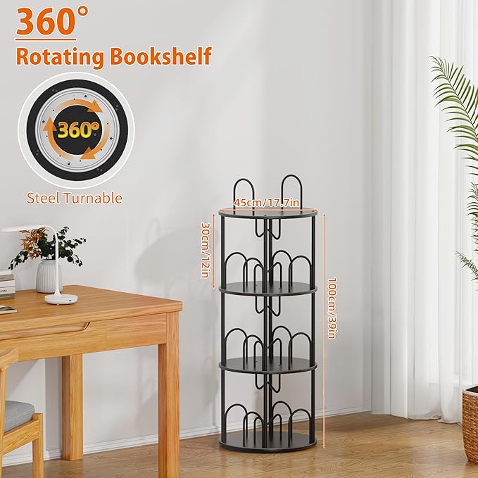 3 Tier Rotating Bookshelf, 360° Spinning Bookshelf Tower, Round Narrow Space - Image 3