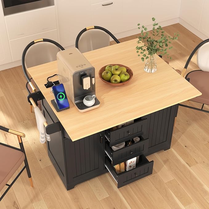 56" Large Kitchen Island with 2 Drop Leafs, Rolling Kitchen Cart on 5 Wheels - Image 10