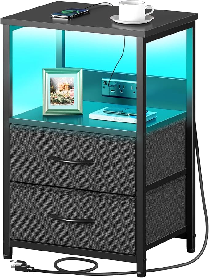 Seventable Nightstand with Charging Station, Bedside Table with LED Lights by Seventable